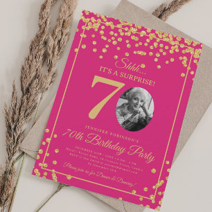 SURPRISE Photo 70th Birthday Gold Glitter Hot Pink Invitation