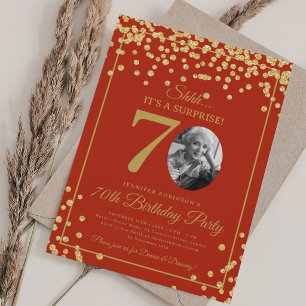SURPRISE Photo 70th Birthday Gold Glitter Red Invitation