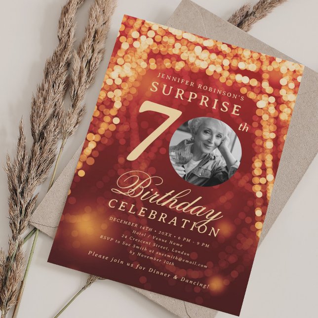 SURPRISE Photo 70th Birthday Gold Red Glam Lights Invitation (SURPRISE Photo 70th Birthday Gold Red Glam Lights Invitation)