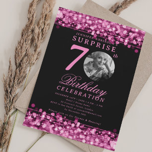 SURPRISE Photo 70th Birthday Hot Pink Lights Invitation