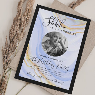 SURPRISE Photo 70th Birthday Navy Blue Marble  Invitation