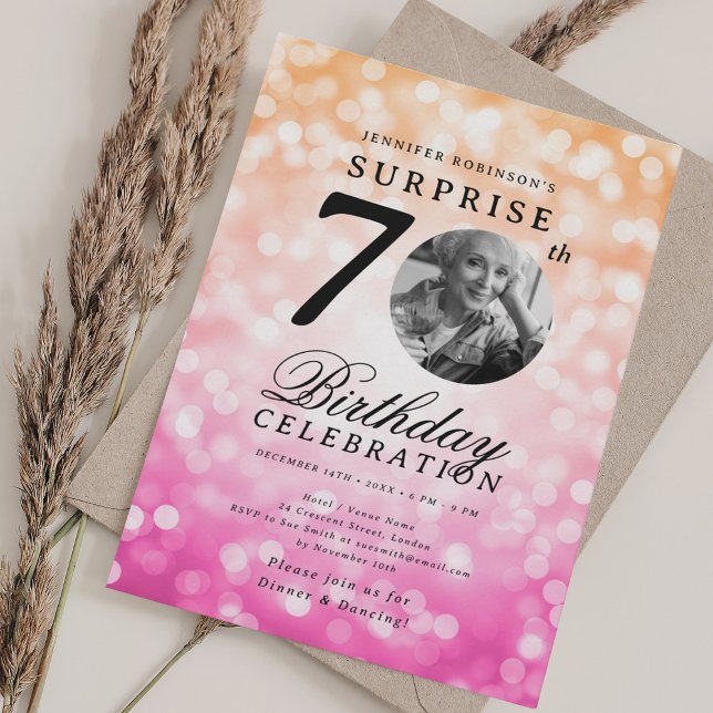 SURPRISE Photo 70th Birthday Orange Pink Bokeh Invitation (SURPRISE Photo 70th Birthday Orange Pink Bokeh Invitation)