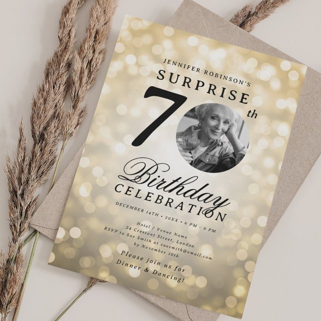 SURPRISE Photo 70th Birthday Party Gold Bokeh Invitation (SURPRISE Photo 70th Birthday Party Gold Bokeh Invitation)