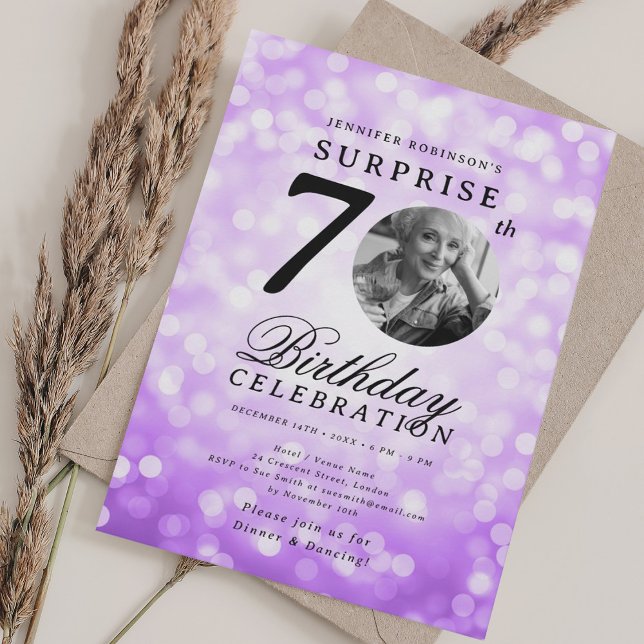 SURPRISE Photo 70th Birthday Party Purple Bokeh Invitation (SURPRISE Photo 70th Birthday Party Purple Bokeh Invitation)