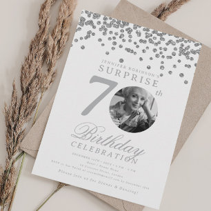 SURPRISE Photo 70th Birthday Party Silver Confetti Invitation