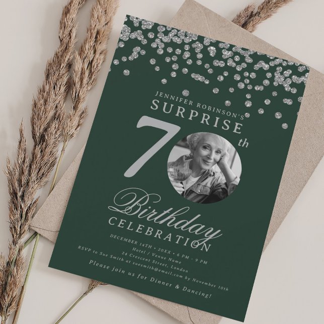 SURPRISE Photo 70th Birthday Party Silver Green Invitation (SURPRISE Photo 70th Birthday Party Silver Green Invitation)