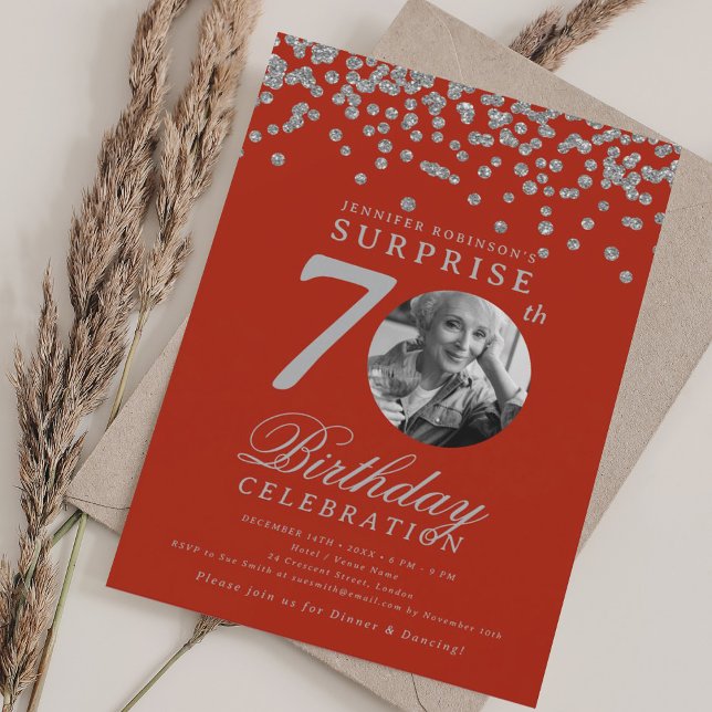 SURPRISE Photo 70th Birthday Party Silver Red  Invitation (SURPRISE Photo 70th Birthday Party Silver Red Invitation)