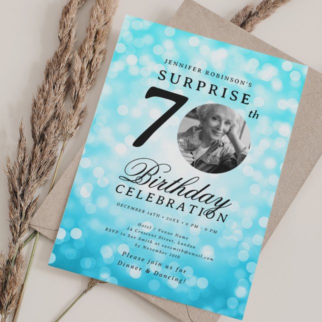 SURPRISE Photo 70th Birthday Party Turquoise Bokeh Invitation (SURPRISE Photo 70th Birthday Party Turquoise Bokeh Invitation)