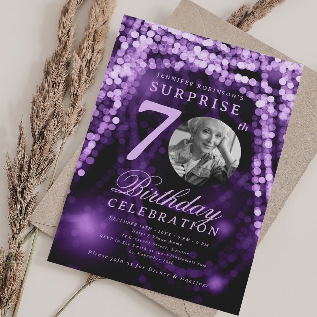 SURPRISE Photo 70th Birthday Purple Glam Lights  Invitation (SURPRISE Photo 70th Birthday Purple Glam Lights Invitation)