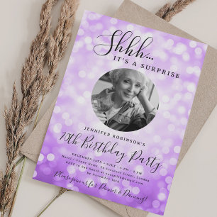 SURPRISE Photo 70th Birthday Purple Sparkle Bokeh Invitation