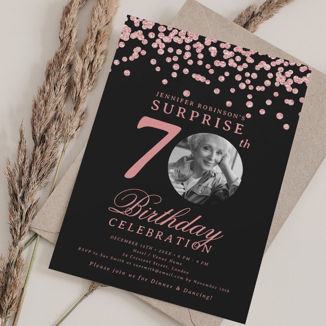 SURPRISE Photo 70th Birthday Rose Gold Black  Invitation (SURPRISE Photo 70th Birthday Rose Gold Black Invitation)