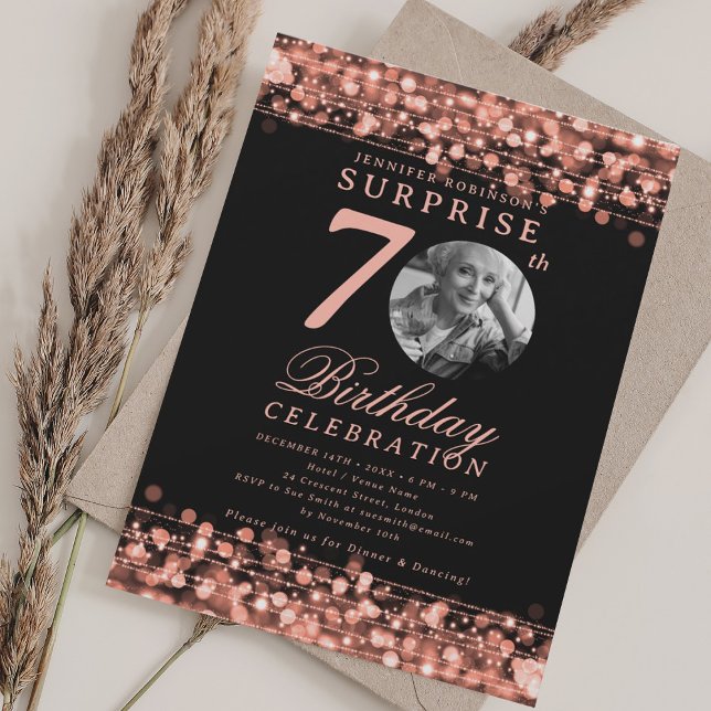 SURPRISE Photo 70th Birthday Rose Gold Lights Invitation (SURPRISE Photo 70th Birthday Rose Gold Lights Invitation)