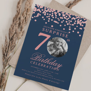 SURPRISE Photo 70th Birthday Rose Gold Navy Blue  Invitation