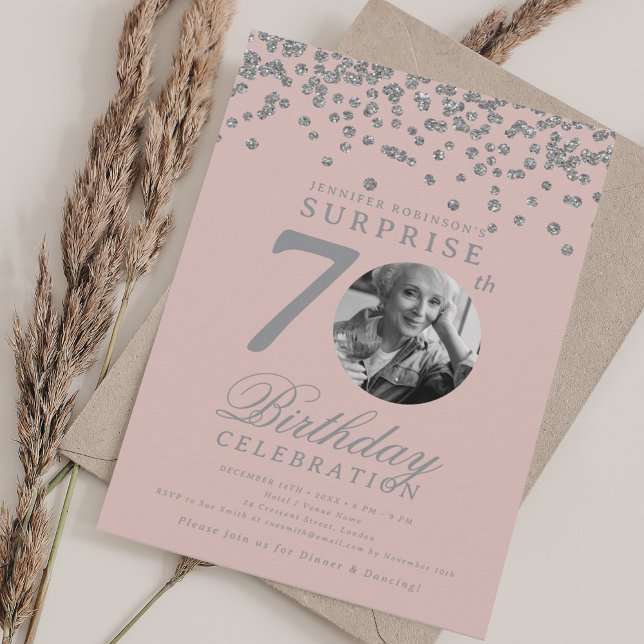 SURPRISE Photo 70th Birthday Silver Blush Pink  Invitation (SURPRISE Photo 70th Birthday Silver Blush Pink Invitation)