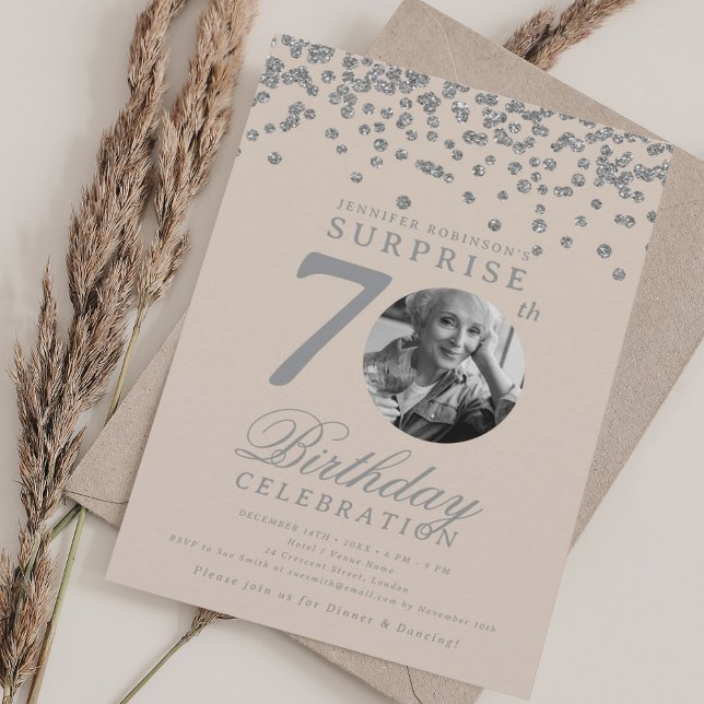 SURPRISE Photo 70th Birthday Silver Champagne  Invitation (SURPRISE Photo 70th Birthday Silver Champagne Invitation)