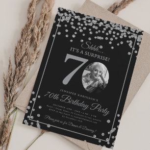 SURPRISE Photo 70th Birthday Silver Confetti Black Invitation