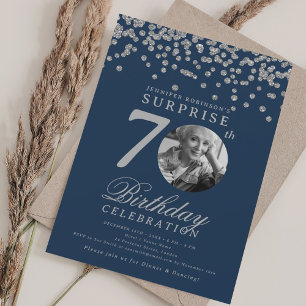 SURPRISE Photo 70th Birthday Silver Navy Blue Invitation