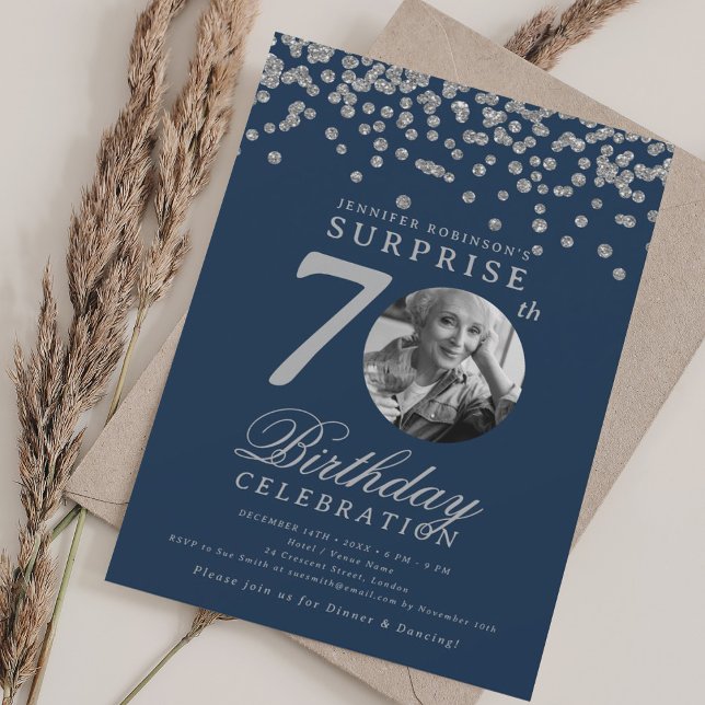 SURPRISE Photo 70th Birthday Silver Navy Blue Invitation (SURPRISE Photo 70th Birthday Silver Navy Blue Invitation)