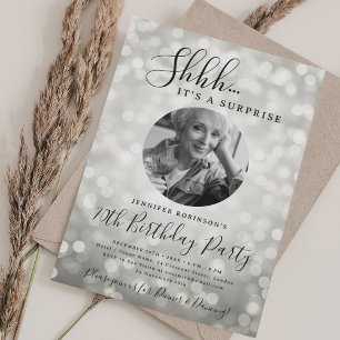 SURPRISE Photo 70th Birthday Silver Sparkle Bokeh Invitation