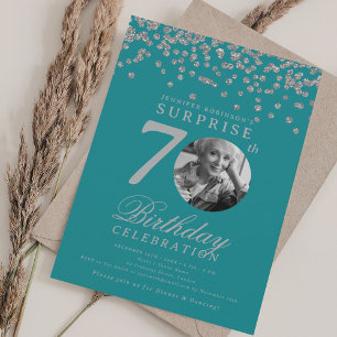 SURPRISE Photo 70th Birthday Silver Turquoise  Invitation