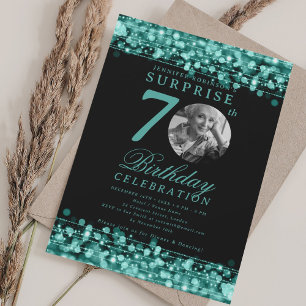 SURPRISE Photo 70th Birthday Turquoise Lights Invitation