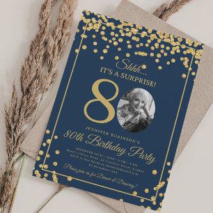SURPRISE Photo 80 Birthday Gold Confetti Navy Blue Invitation