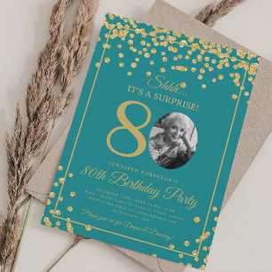 SURPRISE Photo 80 Birthday Gold Confetti Turquoise Invitation