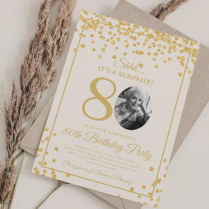 SURPRISE Photo 80th Birthday Gold Confetti Beige Invitation
