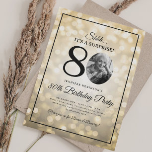 SURPRISE Photo 80th Birthday Gold Glam Lights Invitation