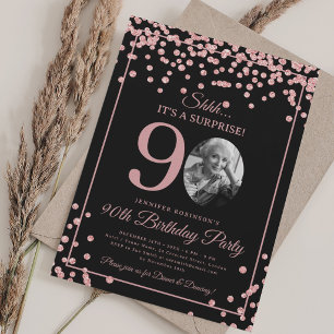 SURPRISE Photo 90th Birthday Rose Gold Confetti Invitation