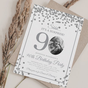 SURPRISE Photo 90th Birthday Silver Confetti Invitation