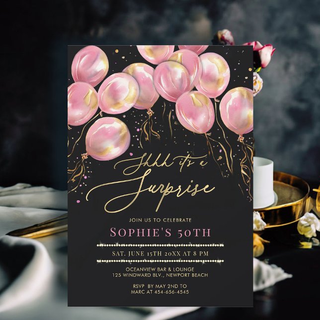 Surprise Pink Balloons Gold Black 50th Birthday Invitation (50th birthday invitations for women surprise party balloons arch pink gold black calligraphy modern )