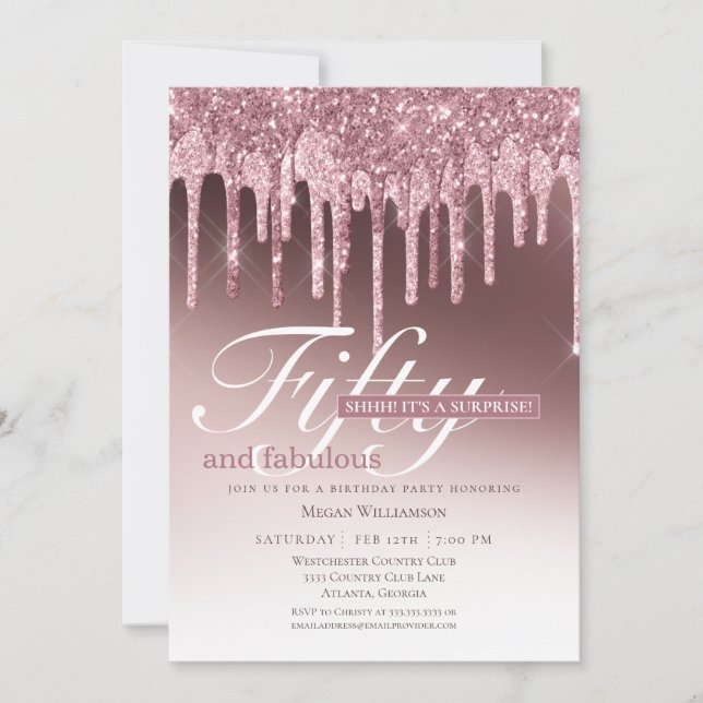 Surprise Pink Glitter Fifty and Fabulous Birthday Invitation (Front)