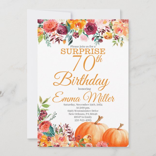 Surprise Pumpkins Fall 70th Birthday Invitation (Front)
