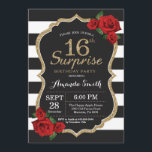 Surprise Red Rose 16th Birthday Invitation Gold<br><div class="desc">Surprise Red Rose 16th Birthday Invitation Gold Glitter. Black and Gold Birthday Party Invite. Gold Glitter. Black and White Stripes. Chalkboard. Printable Digital. For further customisation,  please click the "Customise it" button and use our design tool to modify this template.</div>