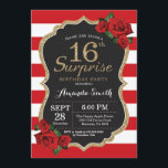 Surprise Red Rose 16th Birthday Invitation Gold<br><div class="desc">Surprise Red Rose 16th Birthday Invitation Gold Glitter. Black and Gold Birthday Party Invite. Gold Glitter. Red and White Stripes. Chalkboard. Printable Digital. For further customisation,  please click the "Customise it" button and use our design tool to modify this template.</div>