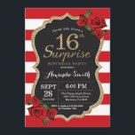 Surprise Red Rose 16th Birthday Invitation Gold<br><div class="desc">Surprise Red Rose 16th Birthday Invitation Gold Glitter. Black and Gold Birthday Party Invite. Gold Glitter. Red and White Stripes. Chalkboard. Printable Digital. For further customisation,  please click the "Customise it" button and use our design tool to modify this template.</div>
