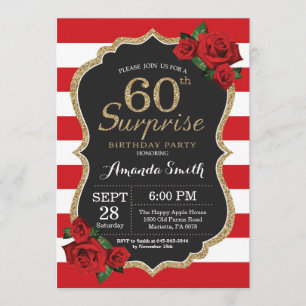 Surprise Red Rose 60th Birthday Invitation Gold