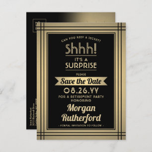 Surprise Retirement Party Black Gold Save the Date Announcement Postcard