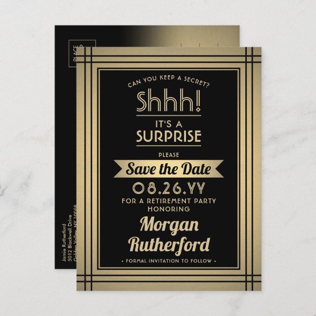 Surprise Retirement Party Black Gold Save the Date Announcement Postcard (Front/Back)