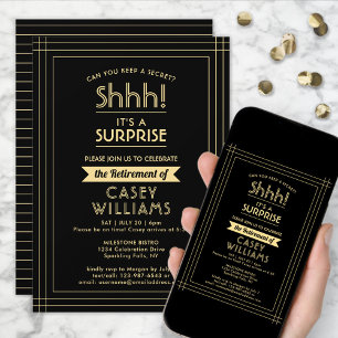 Surprise Retirement Party Elegant Black and Gold Invitation