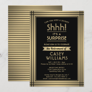 Surprise Retirement Party Elegant Black and Gold Invitation