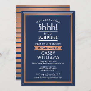 Surprise Retirement Party Elegant Navy Blue Copper Invitation