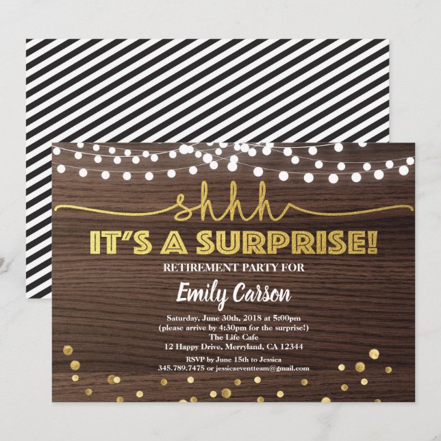 Surprise retirement party invitation wood and gold (Front/Back)