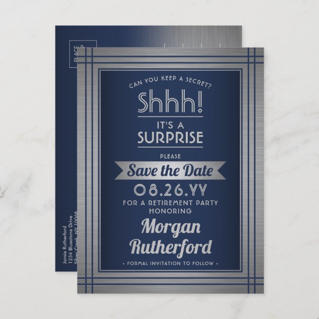Surprise Retirement Party Navy Blue Save the Date Announcement Postcard (Front/Back)