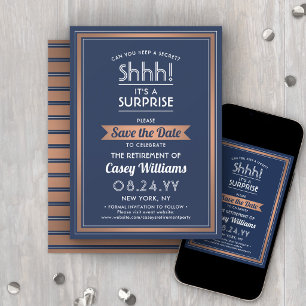 Surprise Retirement Party Navy Blue White & Copper Save The Date