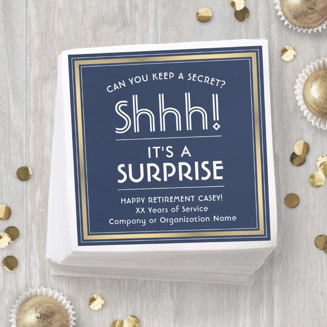 Surprise Retirement Party Navy Blue, White & Gold Napkin (Creator Uploaded)
