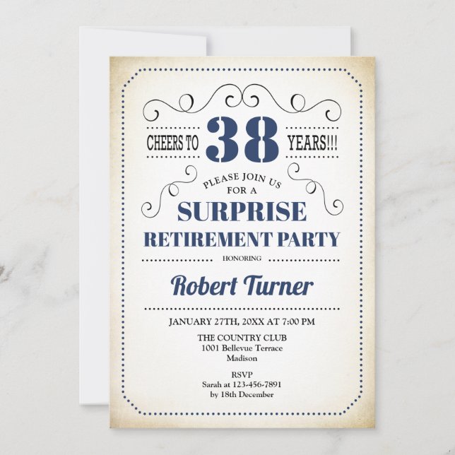 Surprise Retirement Party - Navy Blue White Invitation (Front)