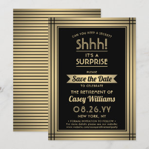 Surprise Retirement Party Shhh! Elegant Black Gold Save The Date