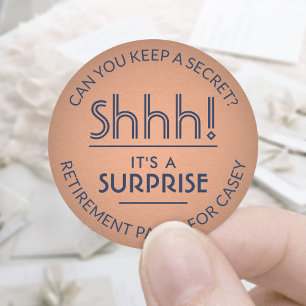 Surprise Retirement Party Shhh! Navy Blue & Copper Classic Round Sticker